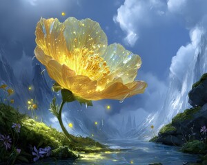 Golden Glowing Flower In Magical Landscape
