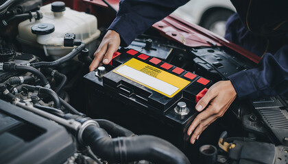 Mechanic Replacing Car Battery Under the Hood of a Vehicle.