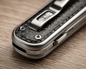Close Up Of A Modern Pocket Knife With Carbon Fiber Design