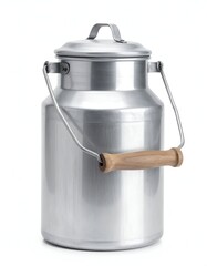 A tall, cylindrical metal container with a handle and wooden grip, closed lid