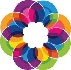 Fototapeta premium Colorful overlapping geometric flower mandala vector design with layered transparent petals abstract symmetry modern logo background illustration