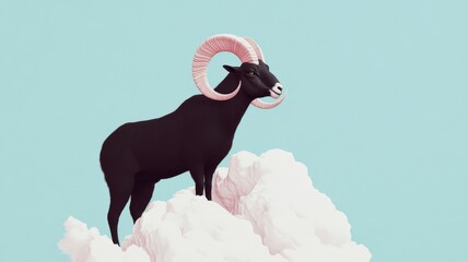 Majestic mountain goat standing on cloud with blue sky background