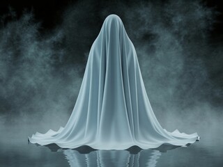  A mysterious figure is completely draped in a flowing white sheet, standing alone in a thick, dark fog. The fabric pools on the ground, creating a haunting and surreal silhouette against the misty ba