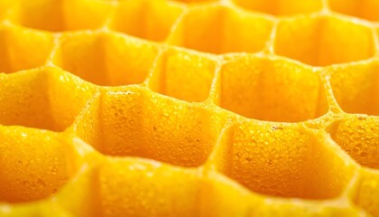 Close-up of golden honeycomb cells filled, textured, and slightly wet