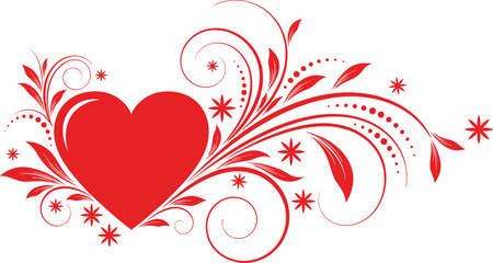 Red heart with decorative floral swirls and romantic flourishes vector illustration for valentine wedding love background design