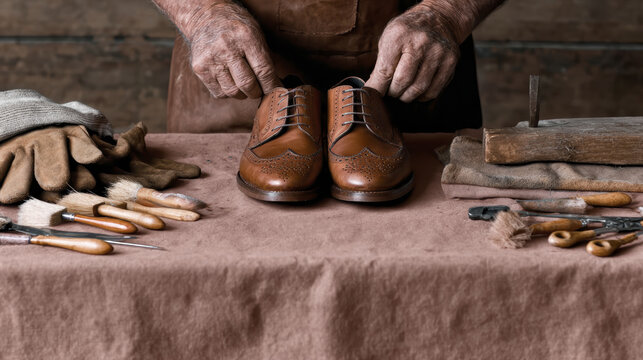 Skilled artisan crafting leather shoes in traditional workshop setting