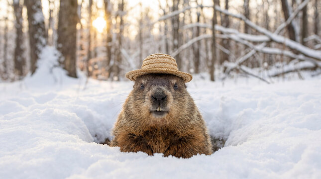 Groundhog Day spring prediction cute animal emerging from burrow wearing straw hat winter snow scene for holiday cards seasonal marketing wildlife photography editorial magazine