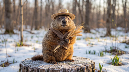 Groundhog Day celebration cute animal wearing farmer overalls hat standing upright winter snow joyful expression for holiday greeting cards seasonal marketing wildlife photography