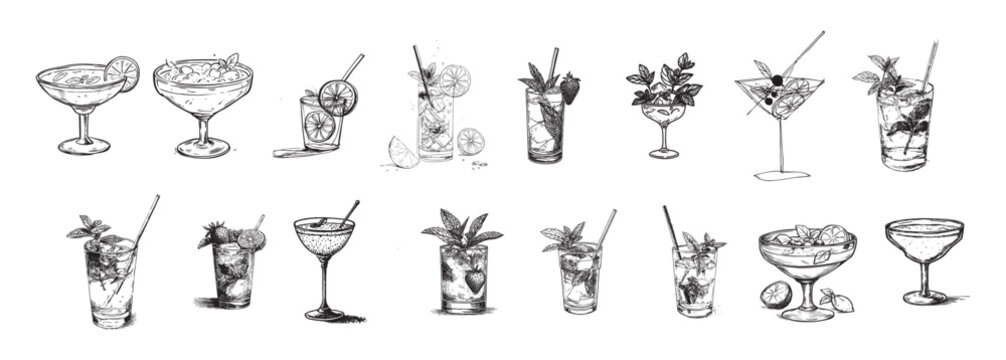 Mojito cocktails bar doodle icon set