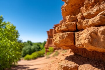 Stunning View of Red Sandstone Cliff Revealing Natural Erosion in Clear Sky
