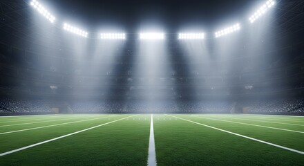 A wide-angle view of an empty American football field inside a massive stadium illuminated by powerful overhead floodlights at night, creating a dramatic and cinematic atmosphere.