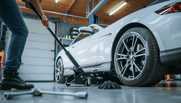 Mechanic Lifting White Car with Jack for Tire Change in Garage.