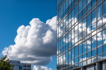 Modern Office Building Windows Reflect Incoming Stormy Clouds and Sky