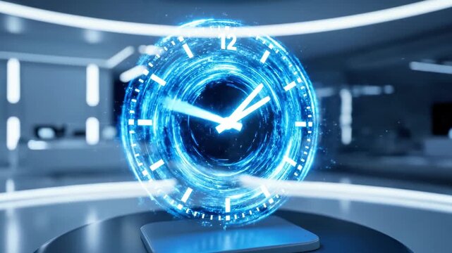 A futuristic blue glowing clock on a stand in a modern room with neon lights