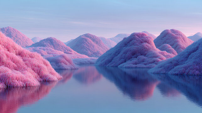 surreal panoramic abstract background with fluffy shapes, hills, and water reflection, minimal fantastic landscape 3d render