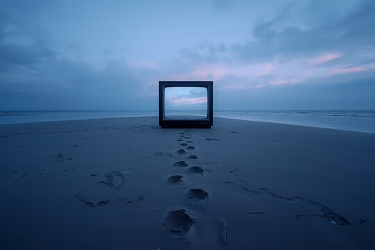 Vintage TV Frame Standing on Wet Sandbar at Twilight, Footprints Leading to Screen, Ocean Horizon View, Surreal Coastal Landscape, Minimalist Art Concept