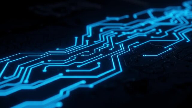 Glowing blue circuit board design on a dark background. Perfect for technology, electronics, and engineering presentations.