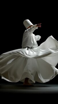Whirling dervish dancer in white robe performing a spiritual Sufi dance on a dark background