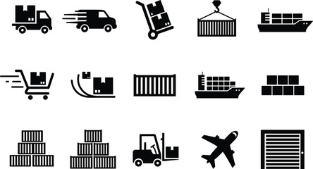 Logistics and shipping icon set with cargo transport warehouse delivery containers airplane and freight symbols vector © V Stock
