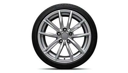Fototapeta premium Isolated view of a vehicle tire with a silver alloy wheel on a white background