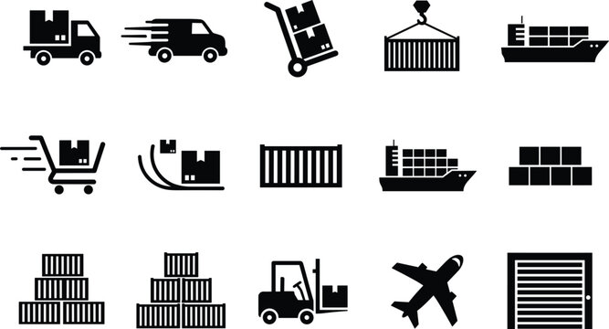 Logistics and shipping icon set with cargo transport warehouse delivery containers airplane and freight symbols vector