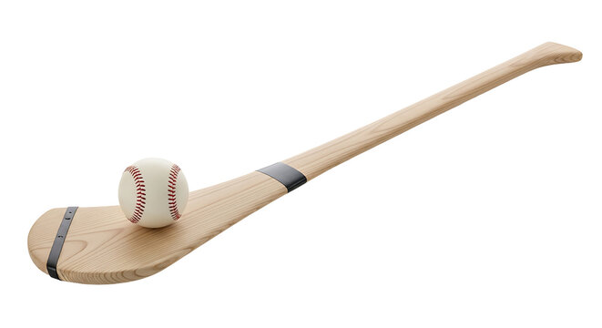 Gaelic Hurling Equipment: A close-up shot of a hurling ball perched atop a wooden hurley, a traditional Irish stick used in the fast-paced game of hurling.