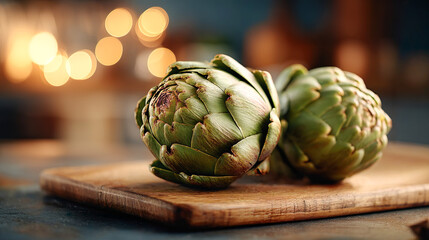 Obraz premium 木製のカッティングボードの上に置かれたアーティチョーク