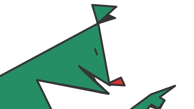 A geometric animal or character with triangular ears and a red nose is saying something while pointing its toe at something in front of it.