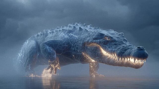 Depiction of an armored, metallic crocodile-like creature with glowing eyes and sharp teeth Stormy background with dynamic lightning strikes Highly detailed illustrative style suggest - AI-Generated