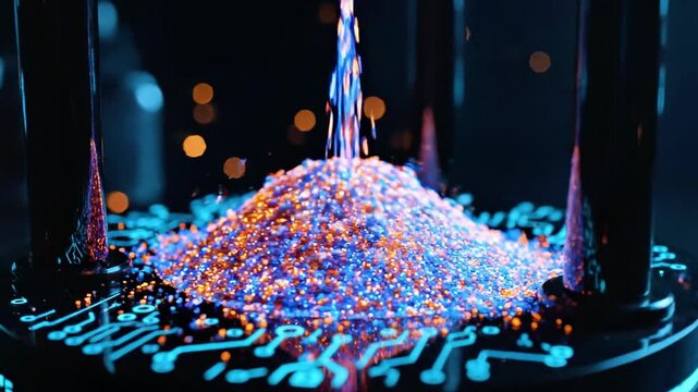 A pile of colorful beads or pellets being poured into a decorative container with a glowing blue light underneath