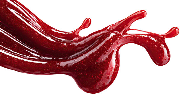 Red, glossy substance splatters in an arc on black, with texture and highlights