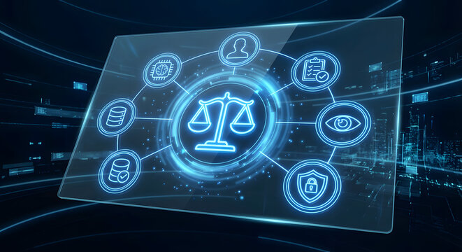 futuristic glowing blue digital judicial screen with justice scales and legal icons for artificial intelligence law firm automation data security and cloud based court services