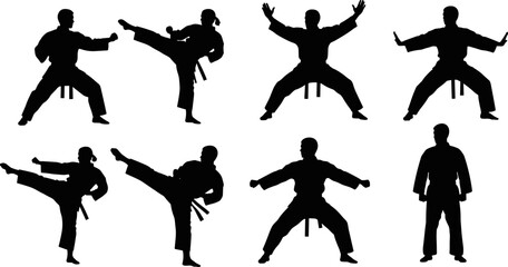 Martial arts silhouette illustration set showing karate fighters in dynamic combat stances and kicks, black vector training poses collection isolated on white background for sport design © Goutom