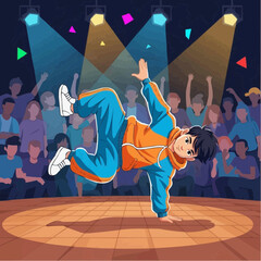 Fototapeta premium Young male breakdancer performing a dynamic freeze pose on stage with colorful spotlights in front of an enthusiastic crowd for urban dance culture concept and energetic performance