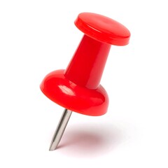 Isolated image of a single red push pin with a silver needle on a white background