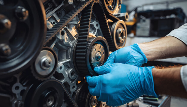 Mechanics Hands in Blue Gloves Working on Car Engine Timing Belt.