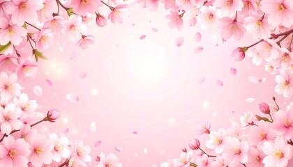 Obraz premium Pink blossom background with flowers at the edges, petals falling, soft lighting