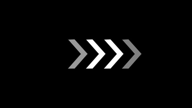 A series of chevron arrows pointing to the right with a gradient of grayscale shades from dark gray to white and back to dark gray against a solid black background representing forward motion and