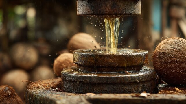 oil press crushing dried copra fresh coconut oil on blurred background
