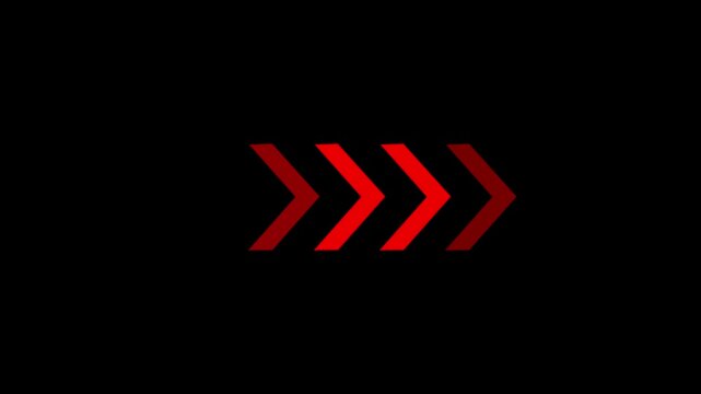 A sequence of red chevron arrows moving from left to right with a fading effect against a dark black background symbolizing speed and direction in a bold abstract