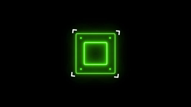 A bright neon green square outline with rounded corners and four small green dots at each corner, set against a stark black background with white corner markers, suggesting a digital interface or