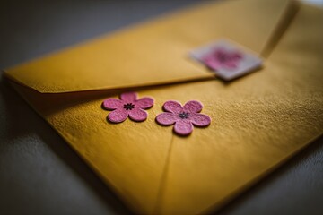 Closeup Yellow Envelope With Pink Flowers