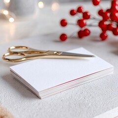 Elegant White Notecards With Red Design And Gold Scissors