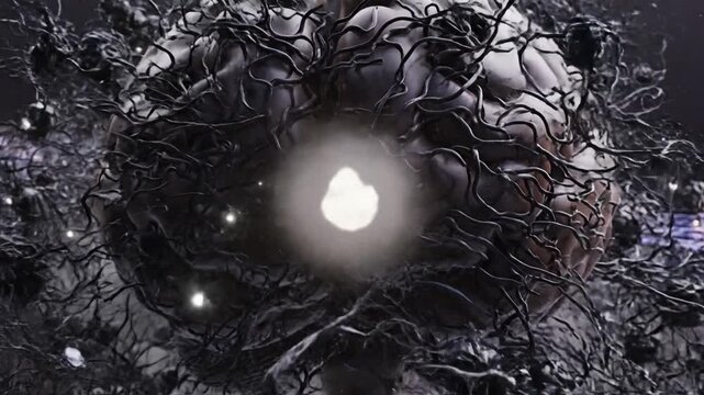 Advanced medical 3D visualization showing neurological degeneration within a human brain representing Alzheimer disease dementia pathology and cognitive memory loss impairment