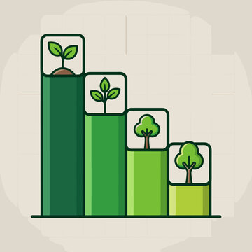 Illustration of a green bar chart depicting plant growth stages, from sprout to small tree, symbolizing environmental progress or decline over time.