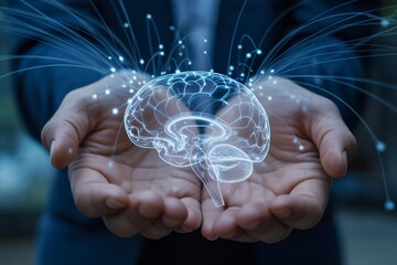  A pair of human hands gently cups a glowing, holographic representation of a human brain surrounded by data nodes. The image symbolizes the intersection of human intelligence, artificial technology, 