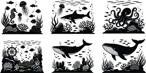 Black silhouette set of underwater marine life including sharks, whales, octopus, jellyfish, fish, and coral reef scenes for ocean wildlife illustration design projects © Rafin's World