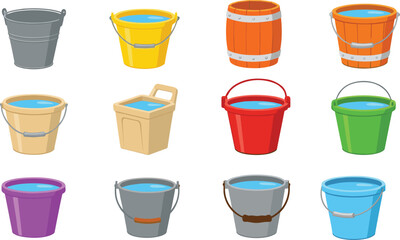 Collection of colorful plastic and metal water buckets with handles, various shapes and sizes, household utility container set illustration © MDALRAFIN