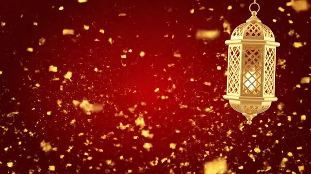 Golden lantern suspended amidst vibrant red background with sparkling golden lights and festive decorations creating a warm ambiance