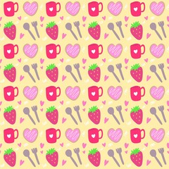 Seamless Strawberry Pattern with Glass Spoon and Fork Illustration